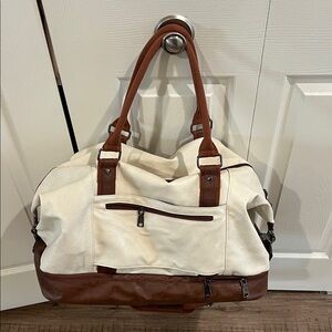 Canvas and Leather Travel Duffle Bag - Cream and Brown